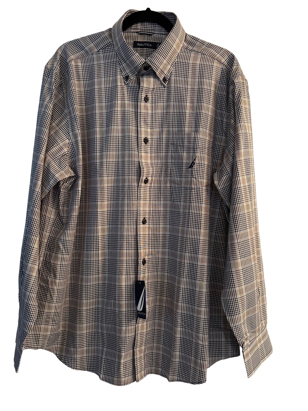 Nautica Men’s Beige and Navy Plaid Button-Down Shirt - 100% Cotton NWT